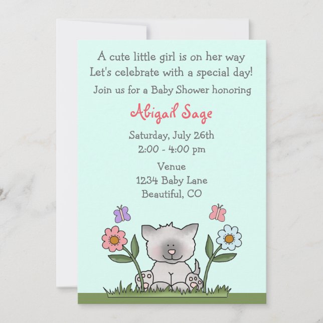 Kitten, Flowers and Butterflies Baby Shower Invite (Front)