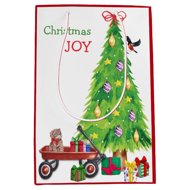 Kitten Gift in Wagon, Bird, and Christmas Tree Medium Gift Bag (Front)