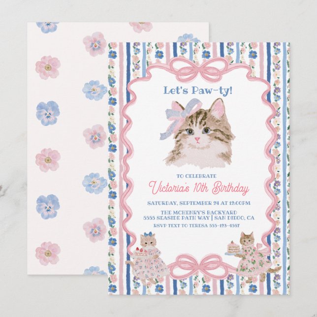 Kitten Girly Birthday Party  Invitation (Front/Back)