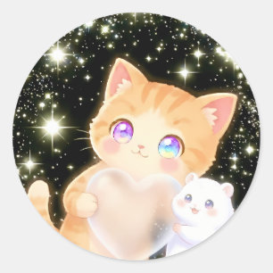 Kitten & Hamster: Holding a Translucent Heart Classic Round Sticker