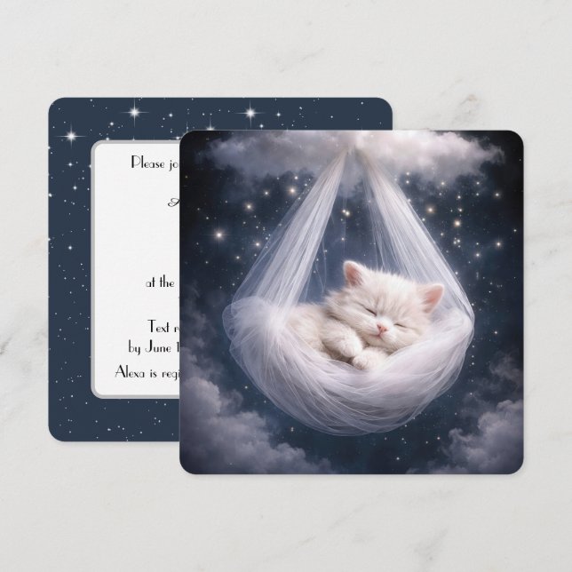 Kitten Hanging from a Tulle Hammock and Cloud Invitation (Front/Back)