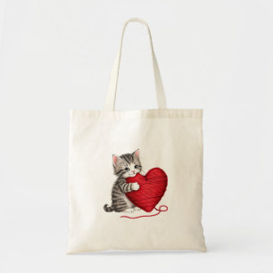 Kitten Heart, Cute Cat with Yarn Heart Tote Bag
