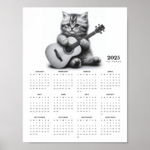 Kitten Holding Acoustic Guitar 2025 Calendar Poster