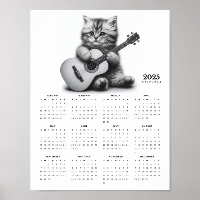 Kitten Holding Acoustic Guitar 2025 Calendar Poster (Front)