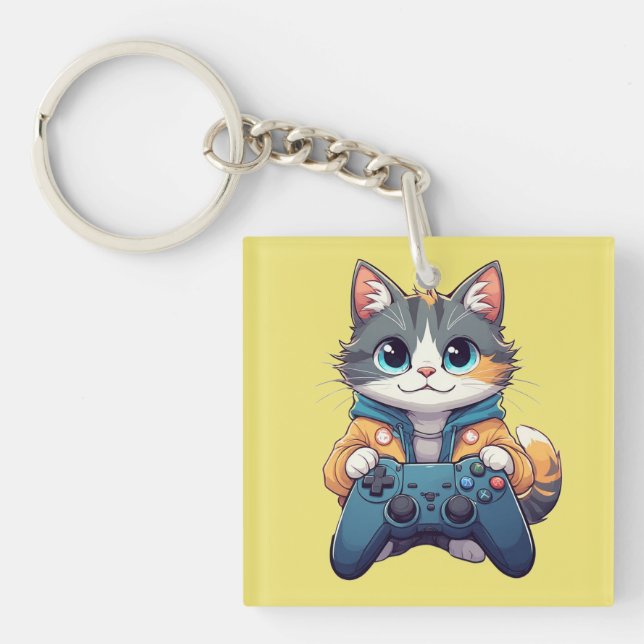 Kitten Holding Game Controller Smiling Gamer Cat Key Ring (Front)