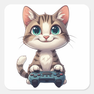 Kitten Holding Game Controller Smiling Gamer Cat Square Sticker