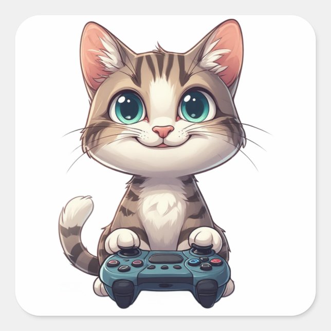 Kitten Holding Game Controller Smiling Gamer Cat Square Sticker (Front)