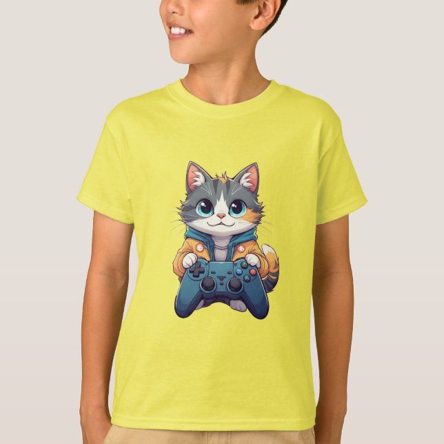 Kitten Holding Game Controller Smiling Gamer Cat T-Shirt (Front)