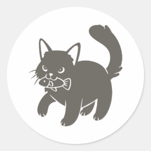 Kitten holds fish in its mouth - Choose background Classic Round Sticker