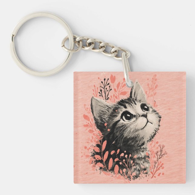 Kitten Illustration with Delicate Botanical Accent Key Ring (Front)