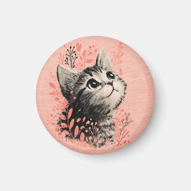 Kitten Illustration with Delicate Botanical Accent Magnet (Front)