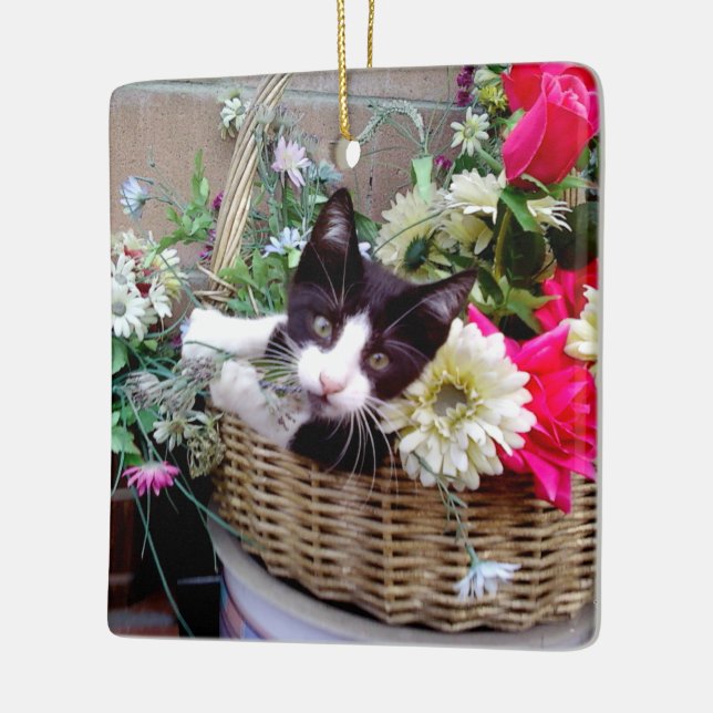Kitten in a Basket Ceramic Ornament (Left)