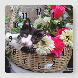 Kitten in a Basket Square Wall Clock