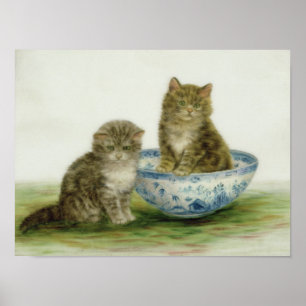Kitten in a Blue China Bowl Poster
