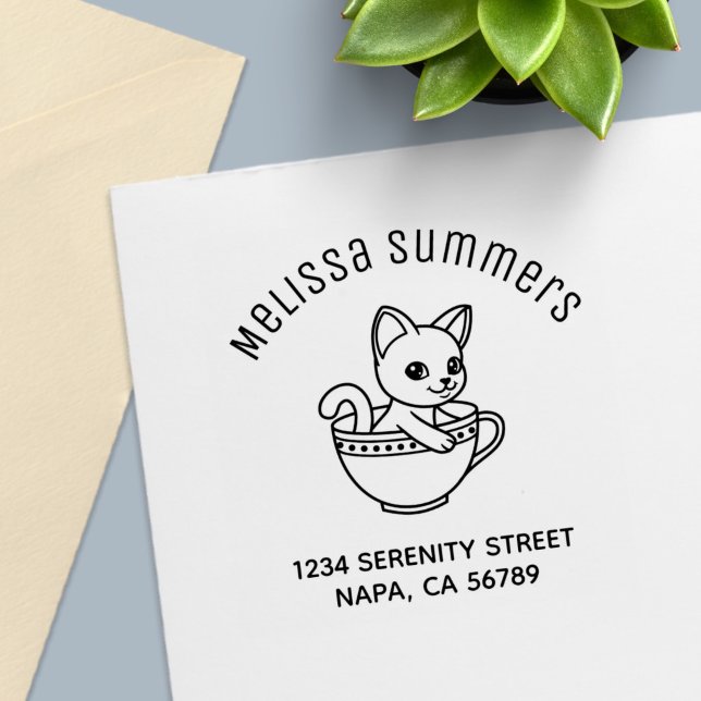 Kitten in a Cup Cat in a Teacup Arch Address Self-inking Stamp (Creator Uploaded)