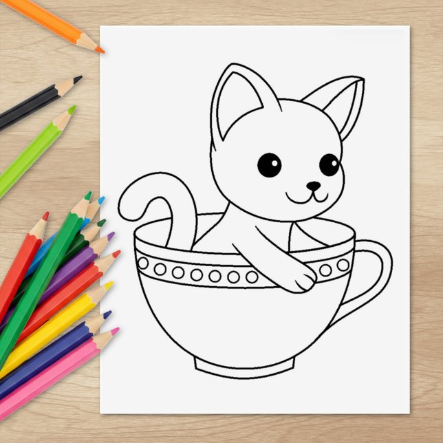 Kitten in a Cup - Cat in a Teacup Colouring Page Rubber Stamp (Creator Uploaded)