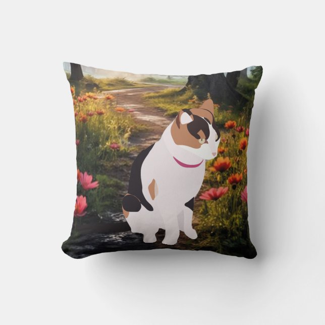 Kitten in a Magical Forest Throw Pillow (Front)