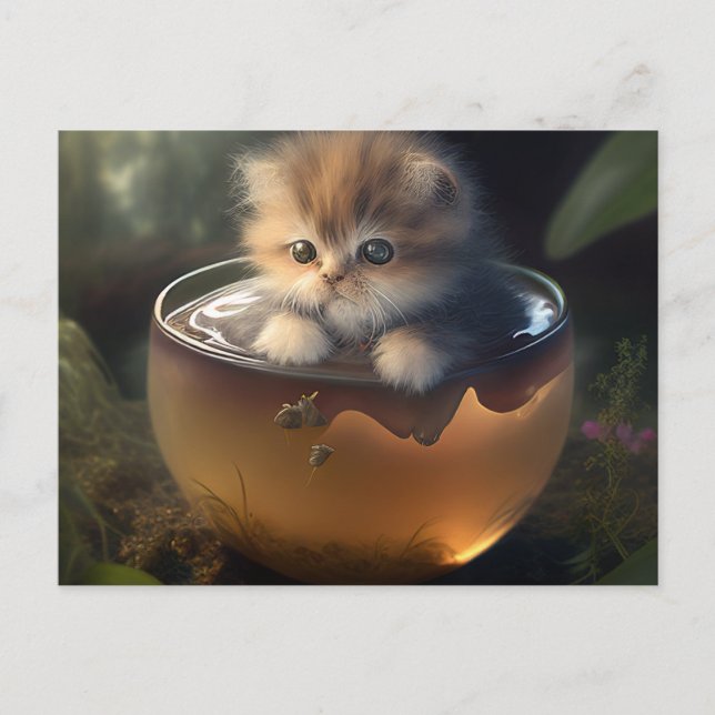Kitten in a orange teacup - Cat Postcard (Front)