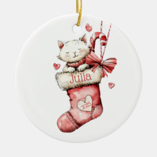 Kitten in a Pink Stocking Personalised Name Date Ceramic Tree Decoration