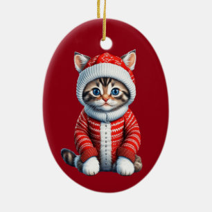 Kitten in a Red and White Christmas Sweater Ceramic Tree Decoration