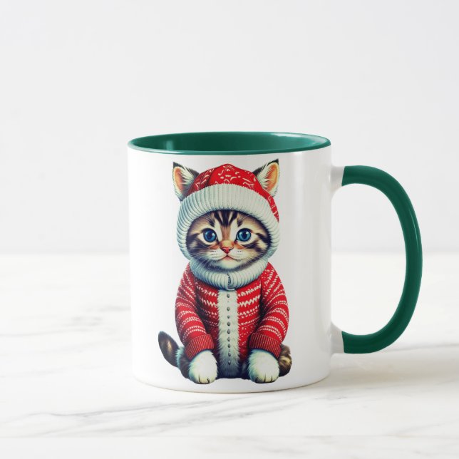 Kitten in a Red and White Christmas Sweater   Mug (Right)