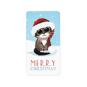 Kitten in a Santa Hat Merry Christmas Labels