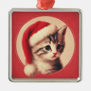 Kitten in a Santa Hat Retro Vintage Metal Tree Decoration