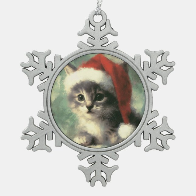 Kitten in a Santa Hat Snowflake Framed Ornament (Front)