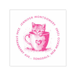 Kitten in a Teacup with Hearts Name and Address Self-inking Stamp