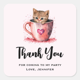 Kitten in a Teacup with Hearts Party Thank You Square Sticker