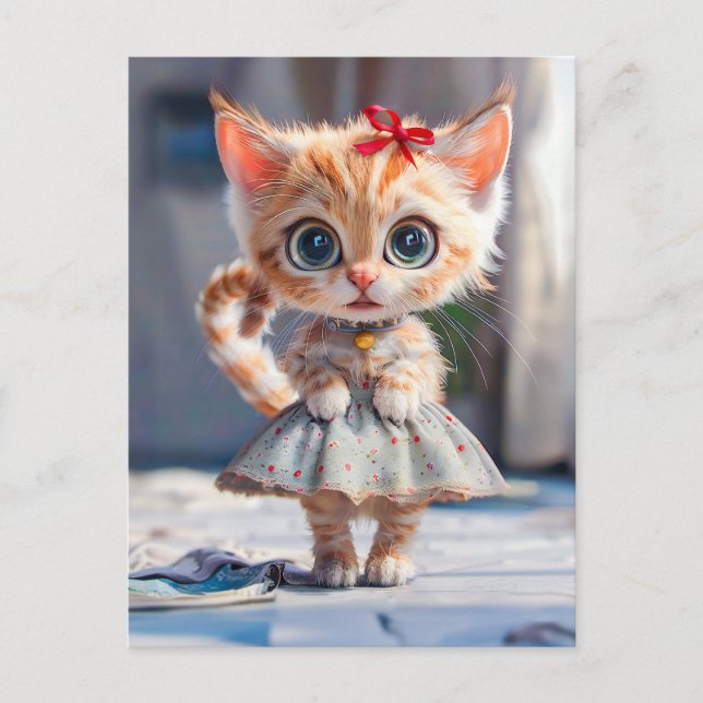 Kitten in Blue Skirt and Blouse Holiday Postcard (Front)