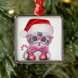 Kitten in Christmas hat Metal Tree Decoration