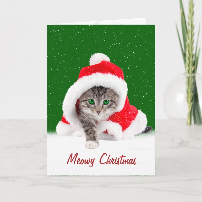 Kitten In Christmas Santa Hat and Snowflakes Card (Front)