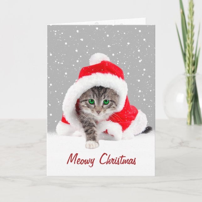 Kitten In Christmas Santa Hat and Snowflakes Card (Front)