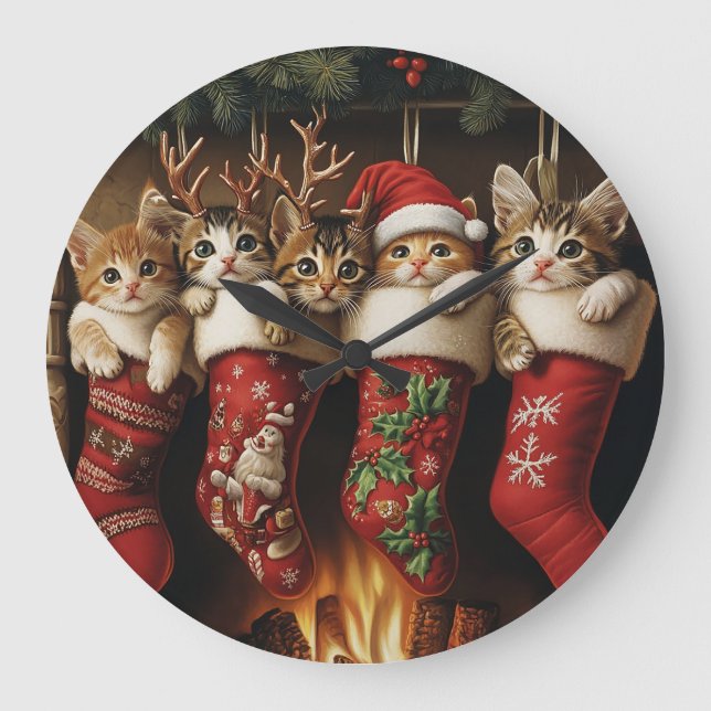 kitten in Christmas stockings by the fireplace Large Clock (Front)