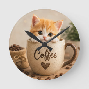 Kitten in Coffee Cup Charm Round Clock