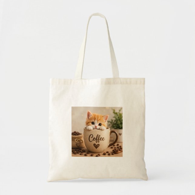 Kitten in Coffee Cup Charm Tote Bag (Front)