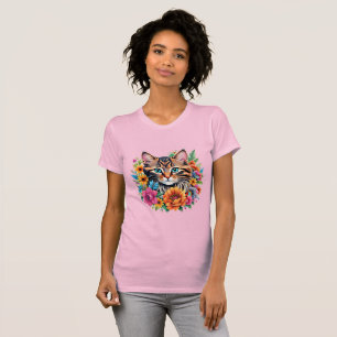 Kitten in Colourful Floral Wreath T-Shirt