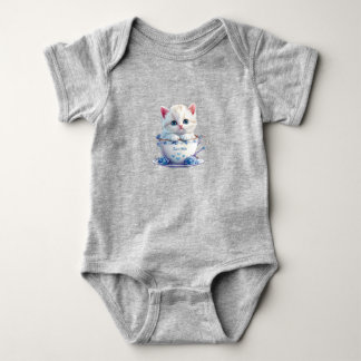 Kitten in Cup Blue Flowers Baby Bodysuit
