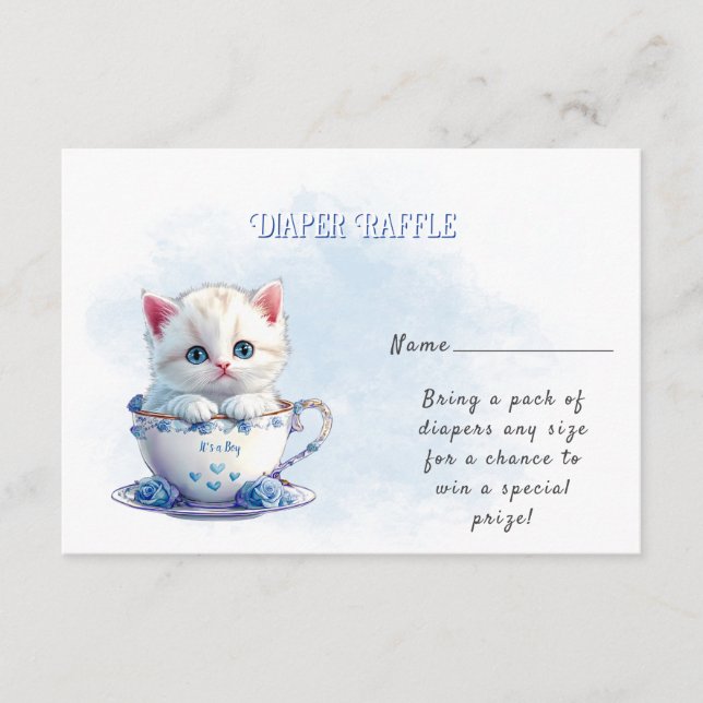Kitten in Cup Blue Flowers Baby Shower Enclosure Card (Front)