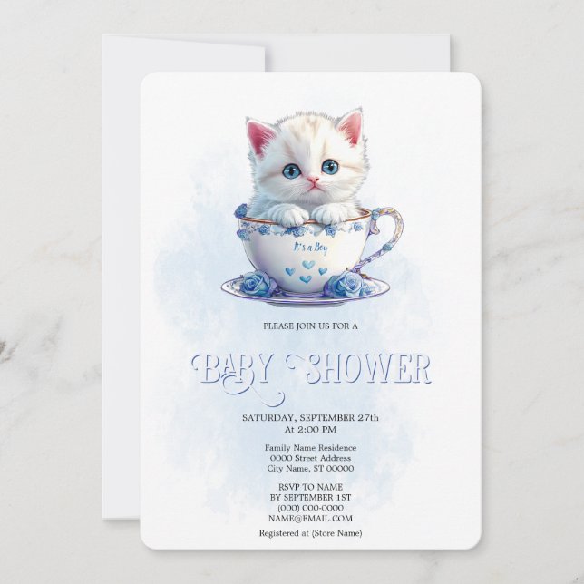Kitten in Cup Blue Flowers Baby Shower Invitation (Front)