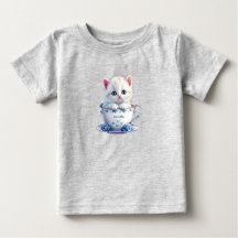 Kitten in Cup Blue Flowers Baby T-Shirt