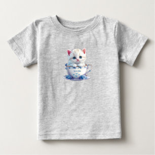 Kitten in Cup Blue Flowers Baby T-Shirt
