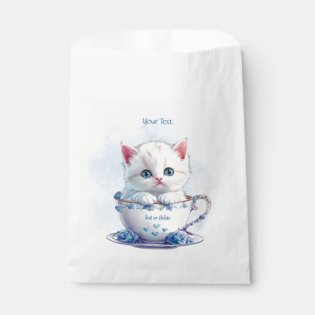 Kitten in Cup Blue Flowers Favour Bags (Front)