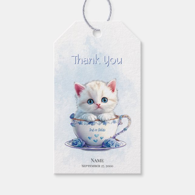 Kitten in Cup Blue Flowers Gift Tag (Front)