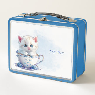 Kitten in Cup Blue Flowers Metal Lunch Box