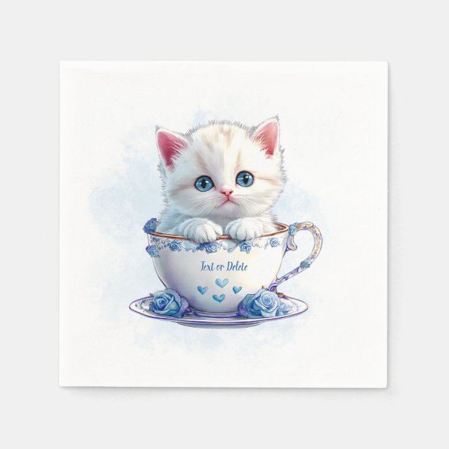 Kitten in Cup Blue Flowers Napkins (Front)