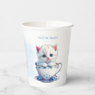 Kitten in Cup Blue Flowers Paper Cups