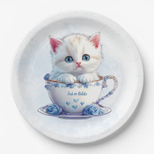 Kitten in Cup Blue Flowers Paper Plate