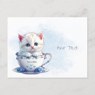 Kitten in Cup Blue Flowers Postcard